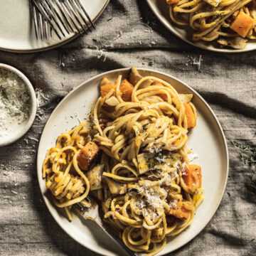 Pasta with butternut squash on a plate
