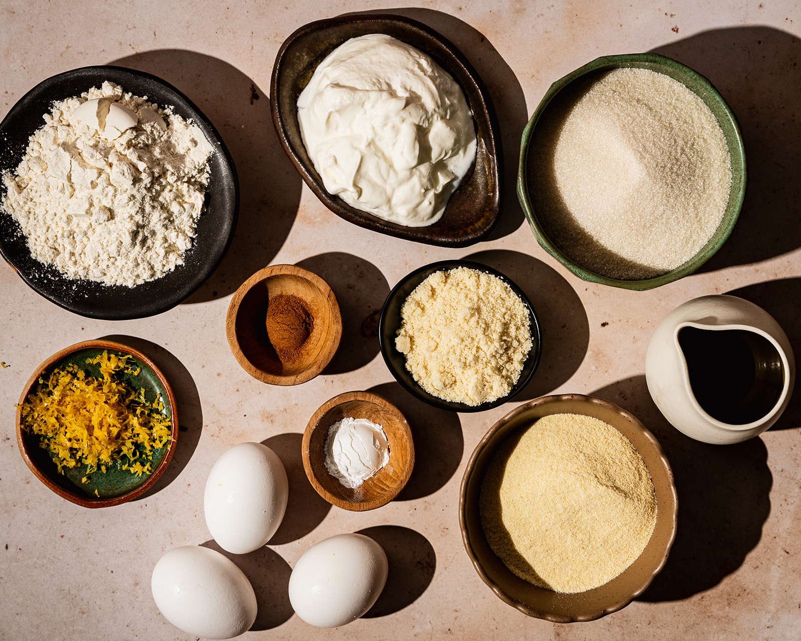 Ingredients for a lemon cake layout in small dishes