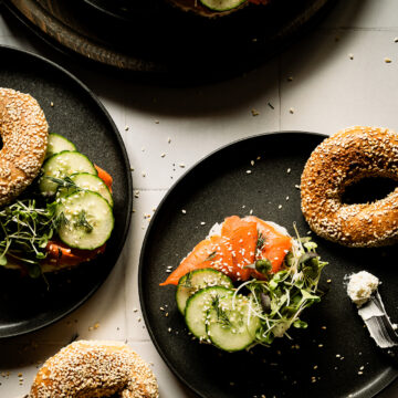 Open faced smoked salmon bagels