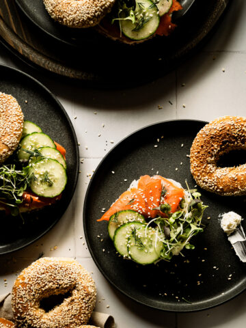Open faced smoked salmon bagels